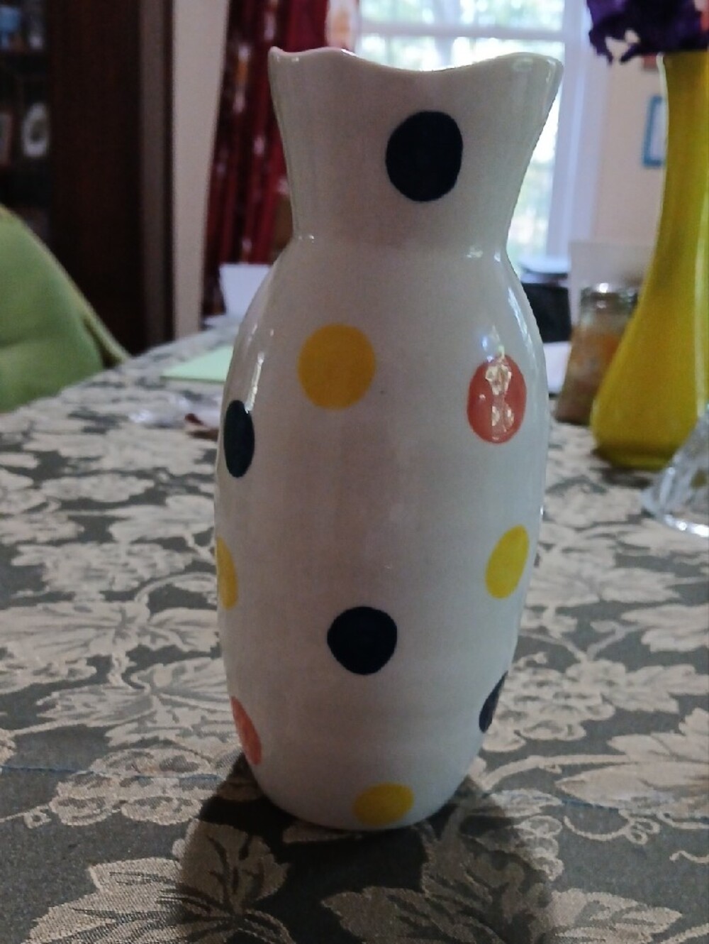 White Ceramic Dot Vase with Yellow, Navy & Coral Accents